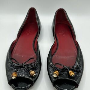 Gucci Black Patent Leather Peep-Toe Flats